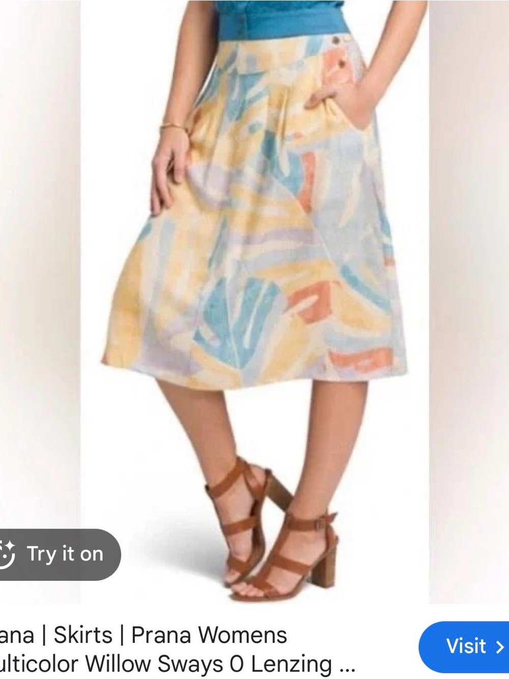 Prana Pastel Abstract Midi Skirt in Blue, Yellow & Coral modest tencel colorful